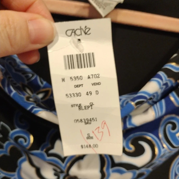 NWT Cache Women's Embellished Blue Geometric Floral Print Stretch Knit Dress S - Picture 3 of 8